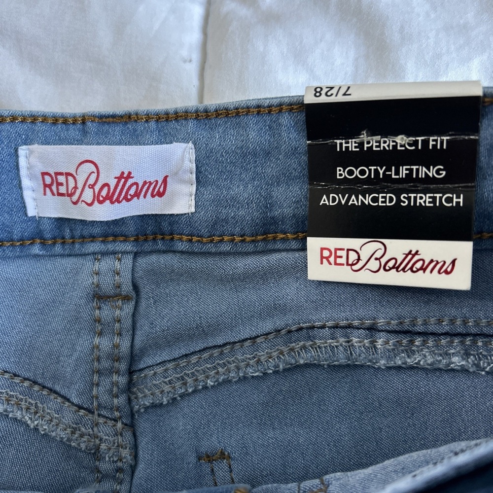 Red Bottoms Skinny Jeans Women 7/28 Blue Denim Button Fly Booty Lift Y2K Stretch - Picture 5 of 7